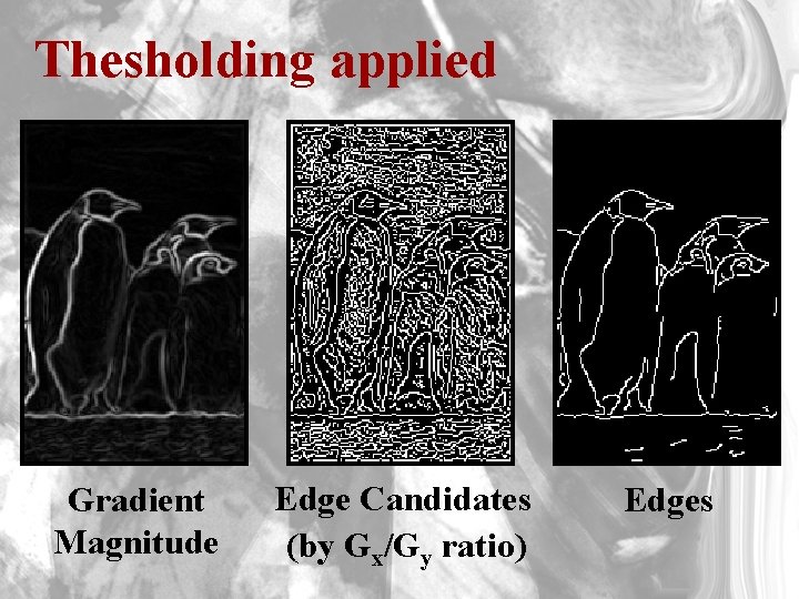 Thesholding applied Gradient Magnitude Edge Candidates (by Gx/Gy ratio) Edges 