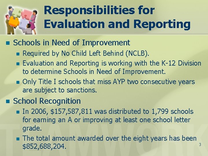 Responsibilities for Evaluation and Reporting n Schools in Need of Improvement n n Required