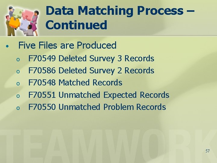 Data Matching Process – Continued • Five Files are Produced o o o F