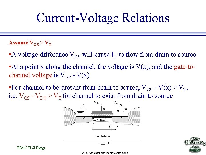 Current-Voltage Relations Assume VGS > VT • A voltage difference VDS will cause ID