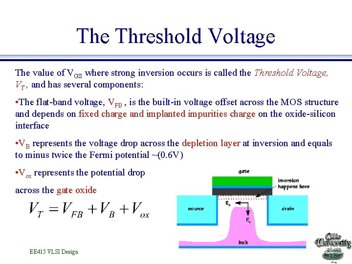 The Threshold Voltage The value of VGS where strong inversion occurs is called the