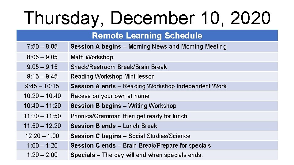 Thursday, December 10, 2020 Remote Learning Schedule 7: 50 – 8: 05 Session A