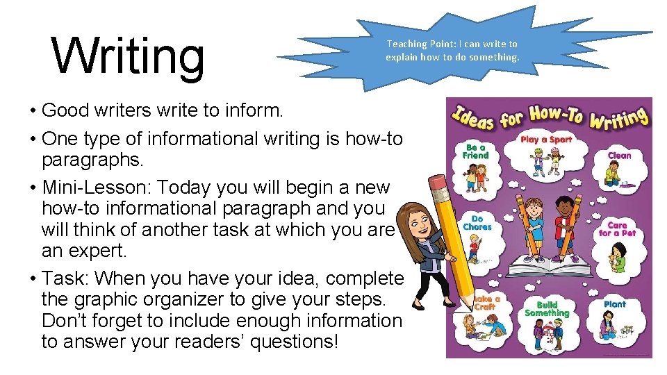 Writing Teaching Point: I can write to explain how to do something. • Good