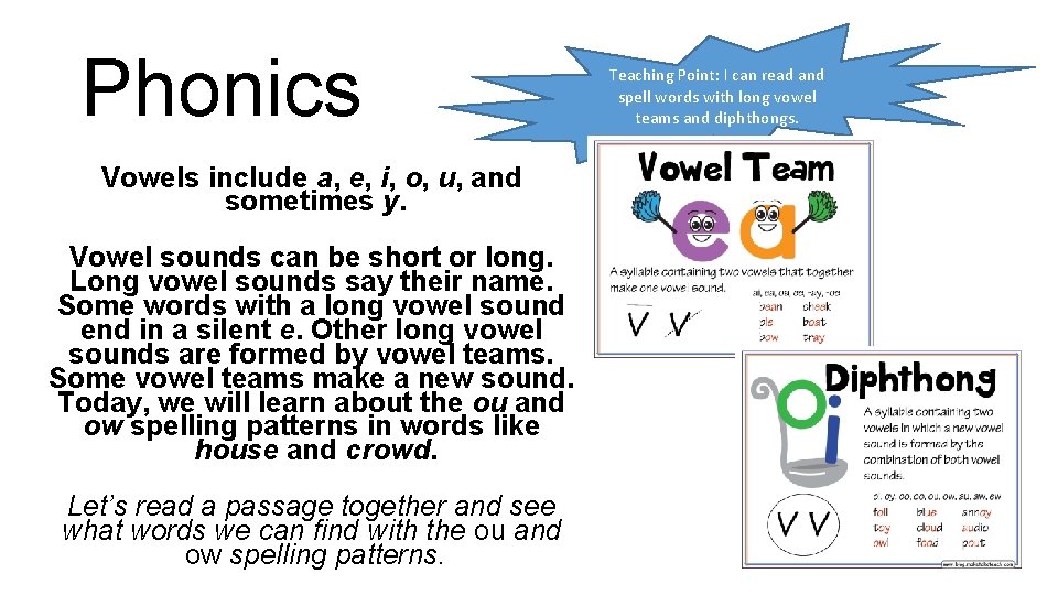 Phonics Vowels include a, e, i, o, u, and sometimes y. Vowel sounds can