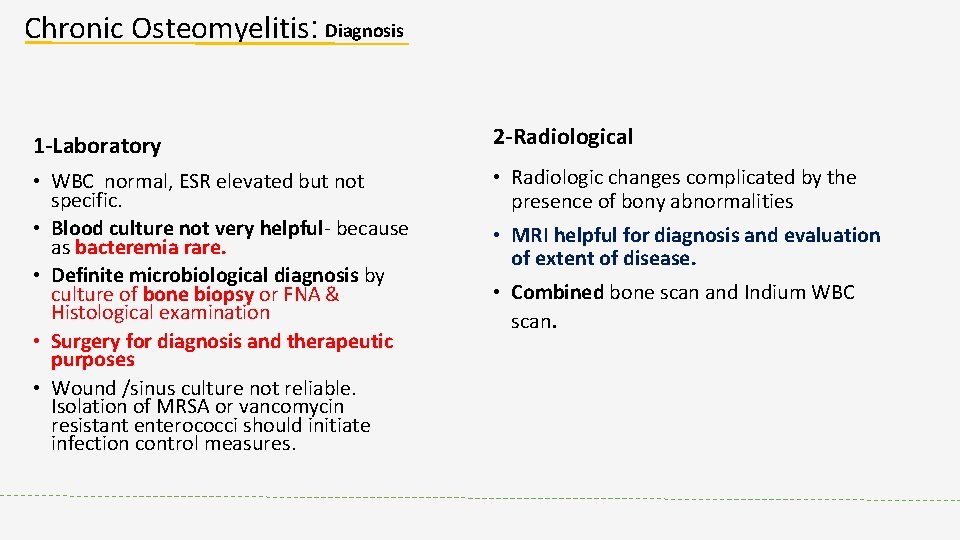 Chronic Osteomyelitis: Diagnosis 1 -Laboratory 2 -Radiological • WBC normal, ESR elevated but not