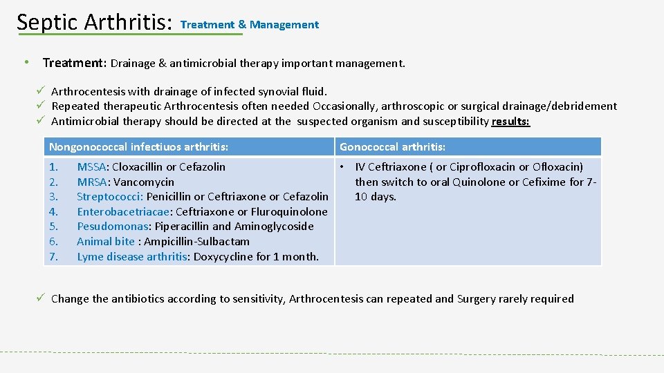 Septic Arthritis: Treatment & Management • Treatment: Drainage & antimicrobial therapy important management. ü