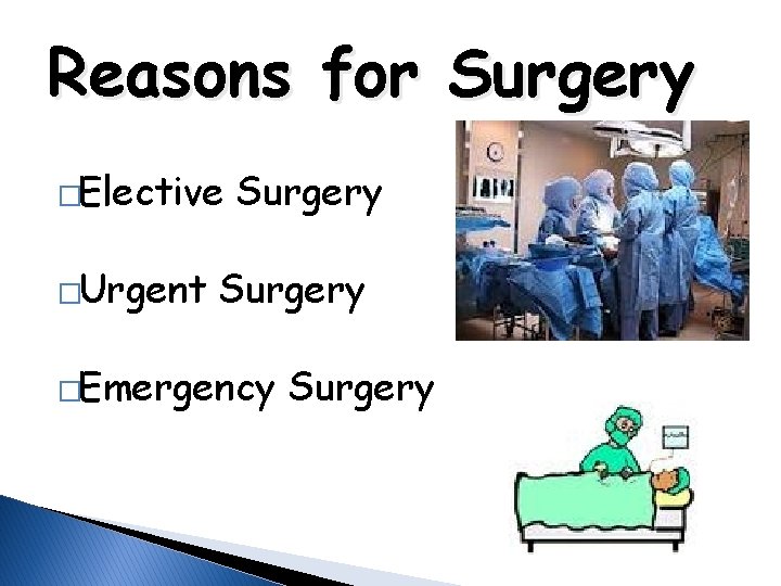 Reasons for Surgery �Elective �Urgent Surgery �Emergency Surgery 