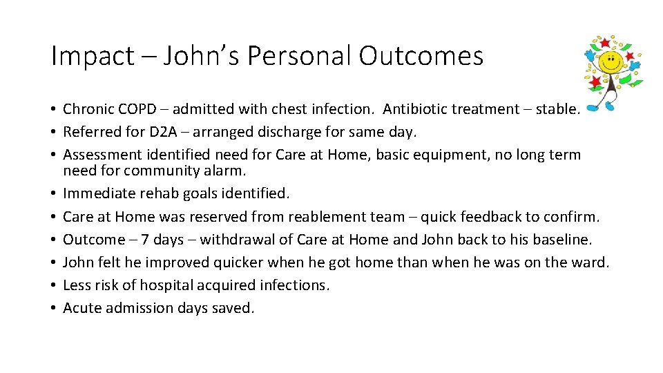 Impact – John’s Personal Outcomes • Chronic COPD – admitted with chest infection. Antibiotic