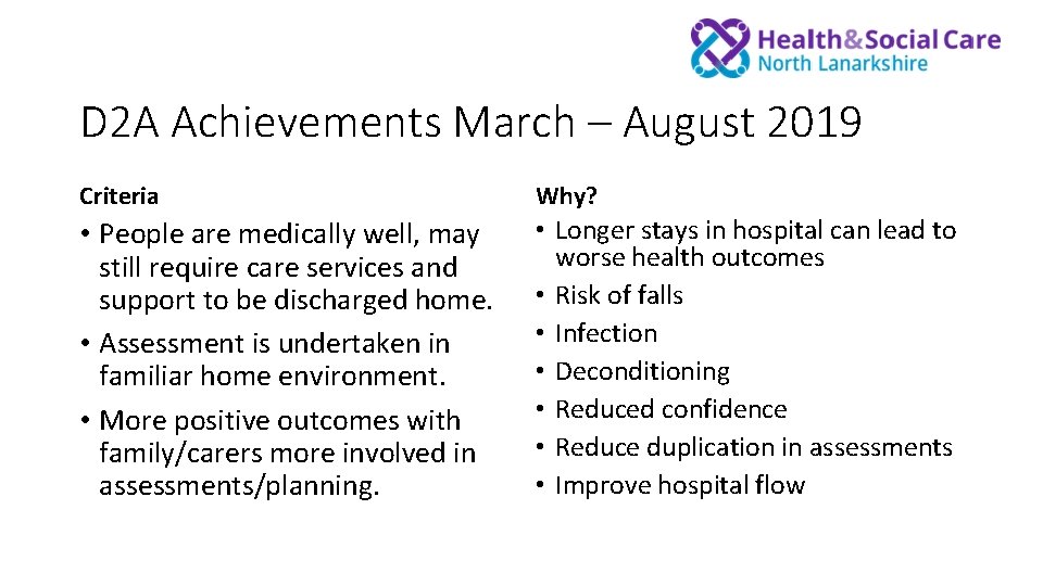 D 2 A Achievements March – August 2019 Criteria Why? • People are medically