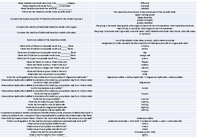 Many transition elements have ions with _____charges. Many transition elements form ______ compounds. Many