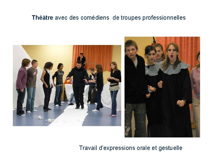 Théâtre avec des comédiens de troupes professionnelles Travail d’expressions orale et gestuelle 