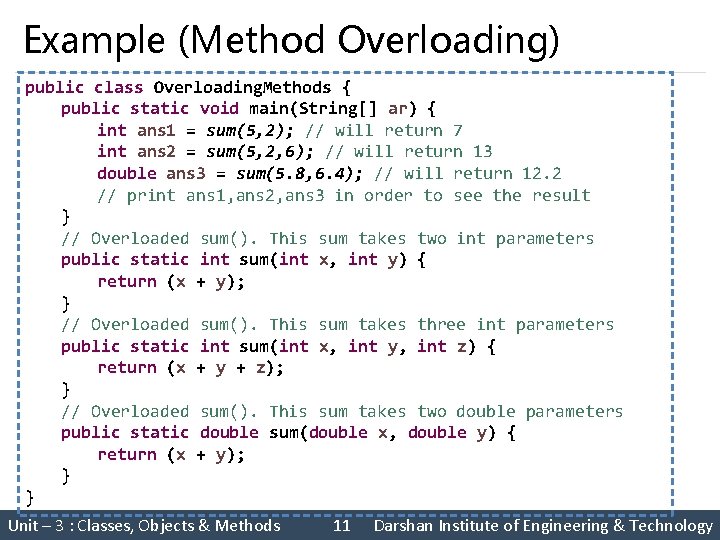 Example (Method Overloading) public class Overloading. Methods { public static void main(String[] ar) {