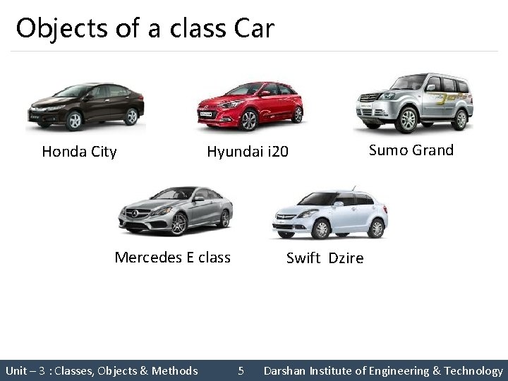 Objects of a class Car Honda City Hyundai i 20 Mercedes E class Unit