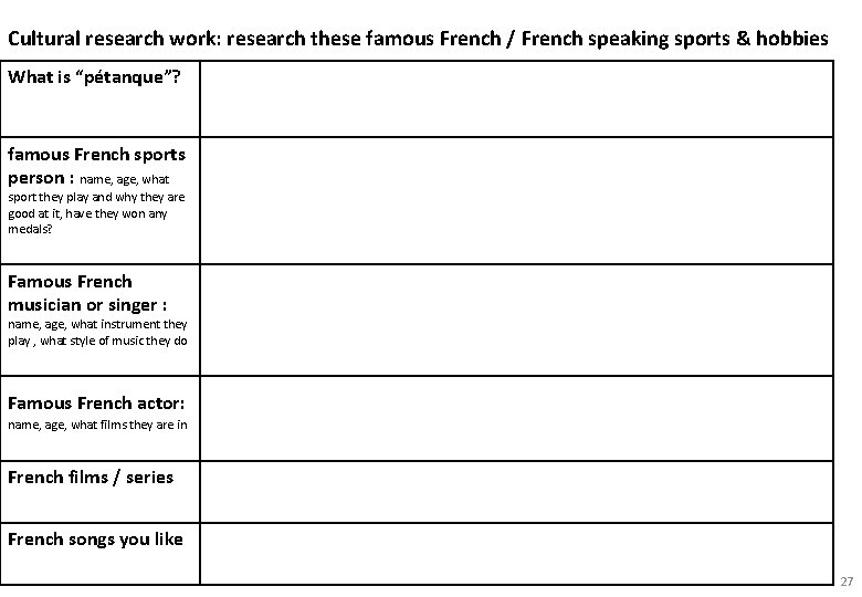 Cultural research work: research these famous French / French speaking sports & hobbies What