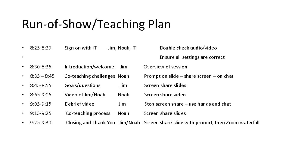 Run-of-Show/Teaching Plan • 8: 25 -8: 30 Sign on with IT Jim, Noah, IT