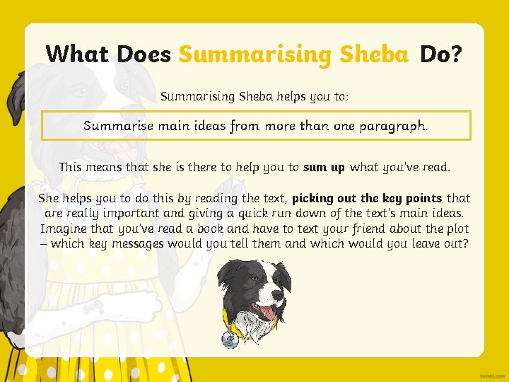 What Does Summarising Sheba Do? Summarising Sheba helps you to: Summarise main ideas from