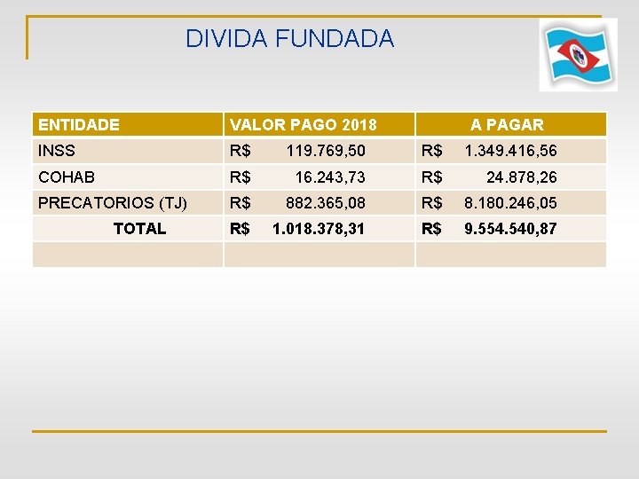 DIVIDA FUNDADA ENTIDADE VALOR PAGO 2018 INSS R$ 119. 769, 50 R$ 1. 349.