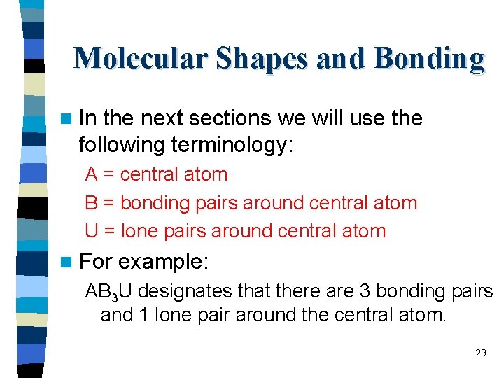 Molecular Shapes and Bonding n In the next sections we will use the following