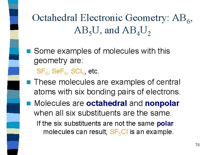 Octahedral Electronic Geometry: AB 6, AB 5 U, and AB 4 U 2 n