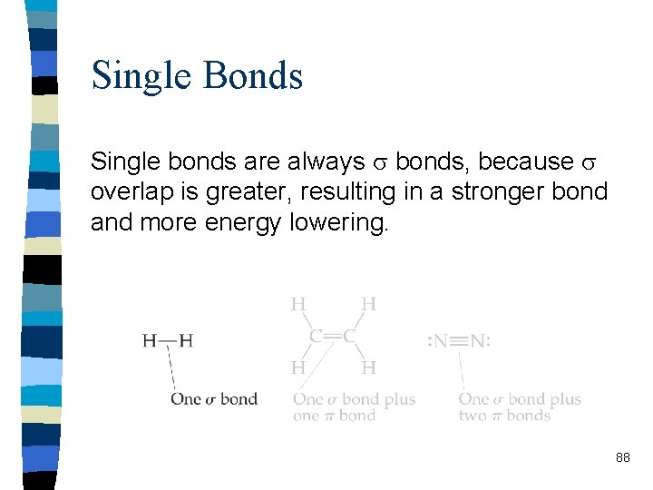 Single Bonds Single bonds are always bonds, because overlap is greater, resulting in a