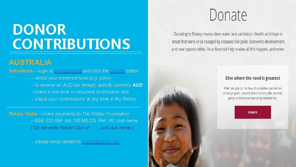 35 DONOR CONTRIBUTIONS AUSTRALIA Individuals – login to my. rotary. org and click the