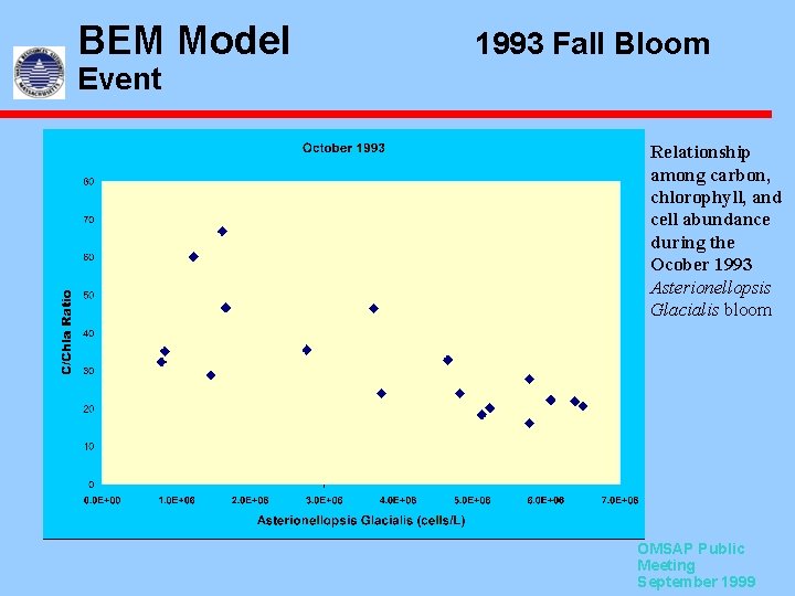 BEM Model 1993 Fall Bloom Event Relationship among carbon, chlorophyll, and cell abundance during