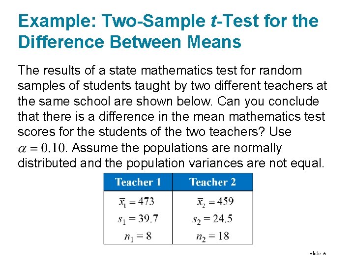 Example: Two-Sample t-Test for the Difference Between Means The results of a state mathematics Example: Two-Sample t-Test for the Difference Between Means The results of a state mathematics