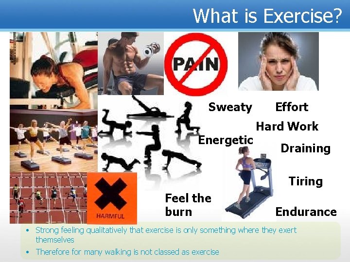 What is Exercise? Sweaty Energetic Effort Hard Work Draining Tiring Feel the burn Endurance