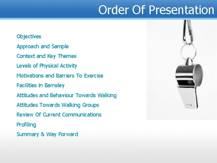 Order Of Presentation Objectives Approach and Sample Context and Key Themes Levels of Physical