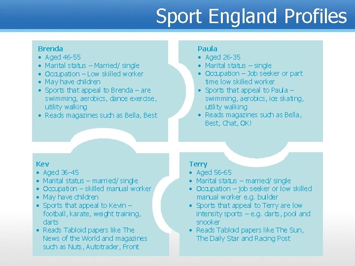 Sport England Profiles Brenda Aged 46 -55 Marital status – Married/ single Occupation –