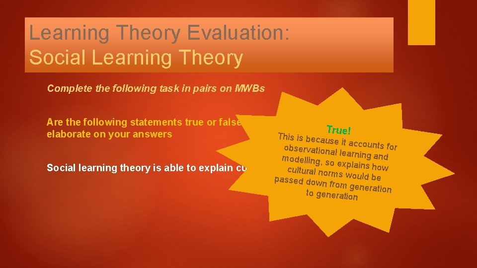 Learning Theory Evaluation: Social Learning Theory Complete the following task in pairs on MWBs