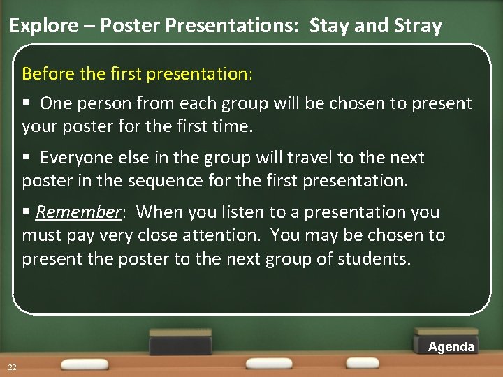 Explore – Poster Presentations: Stay and Stray Before the first presentation: § One person