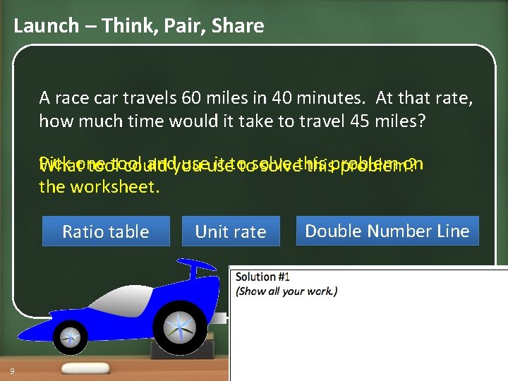 Launch – Think, Pair, Share A race car travels 60 miles in 40 minutes.