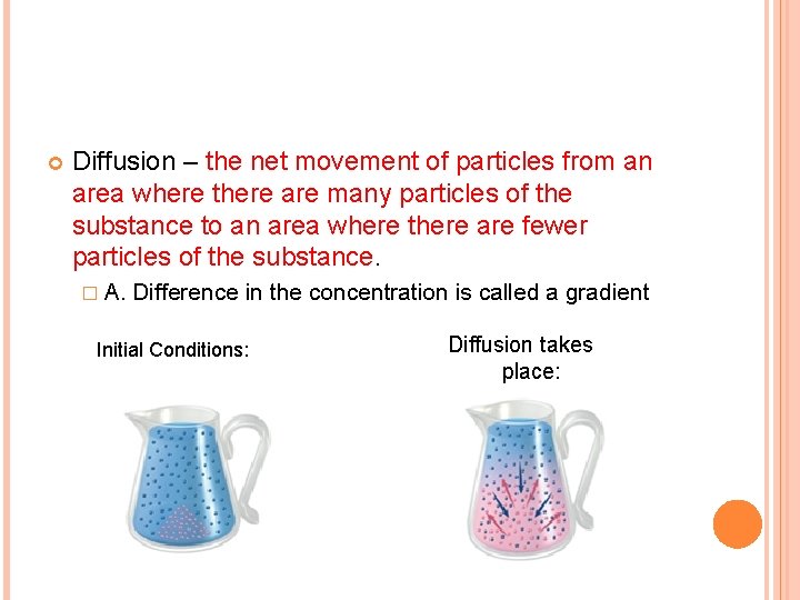  Diffusion – the net movement of particles from an area where there are