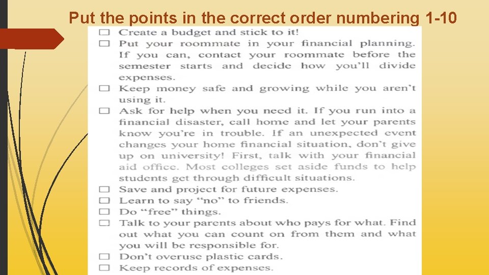 Put the points in the correct order numbering 1 -10 
