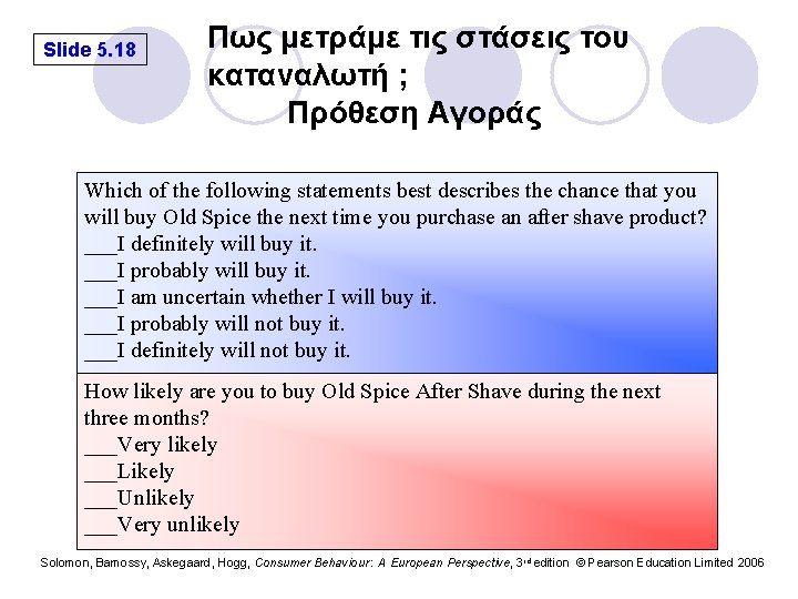 Slide 5. 18 Πως μετράμε τις στάσεις του καταναλωτή ; Πρόθεση Αγοράς Which of