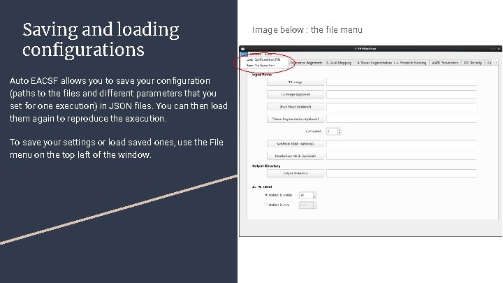 Saving and loading configurations Auto EACSF allows you to save your configuration (paths to