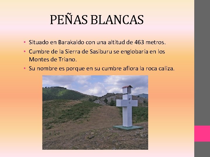 PEÑAS BLANCAS • Situado en Barakaldo con una altitud de 463 metros. • Cumbre