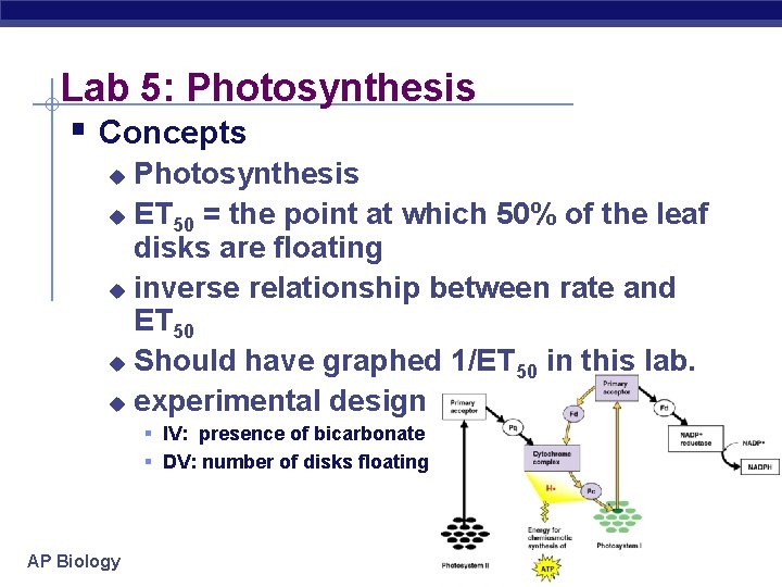 Lab 5: Photosynthesis § Concepts Photosynthesis u ET 50 = the point at which