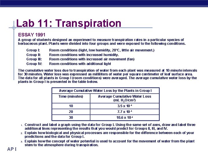Lab 11: Transpiration ESSAY 1991 A group of students designed an experiment to measure