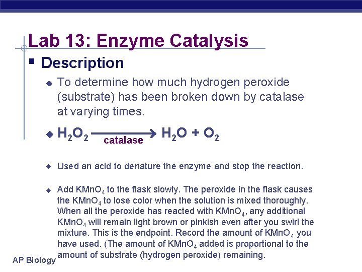 Lab 13: Enzyme Catalysis § Description u To determine how much hydrogen peroxide (substrate)