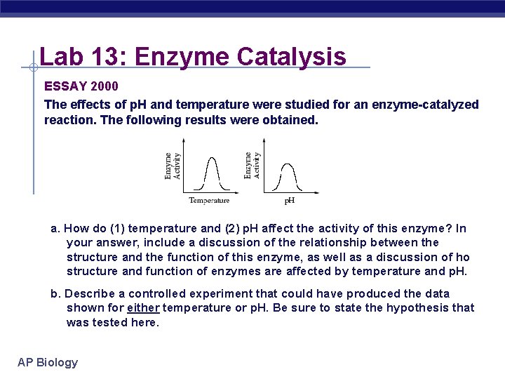 Lab 13: Enzyme Catalysis ESSAY 2000 The effects of p. H and temperature were