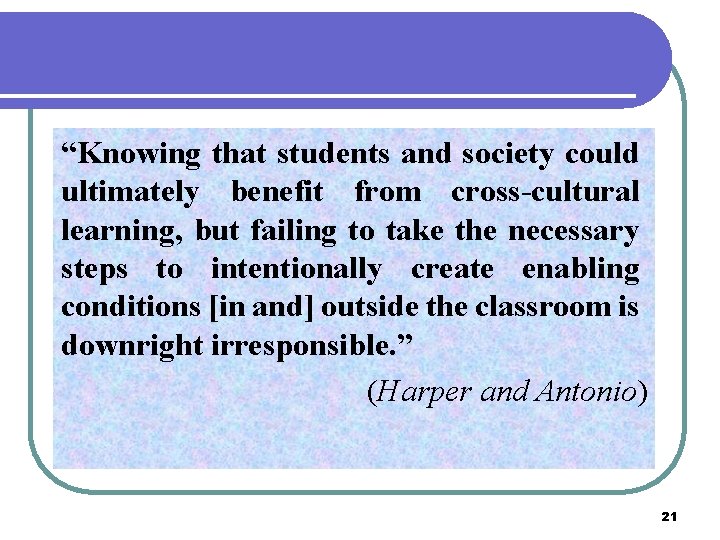 “Knowing that students and society could ultimately benefit from cross-cultural learning, but failing to