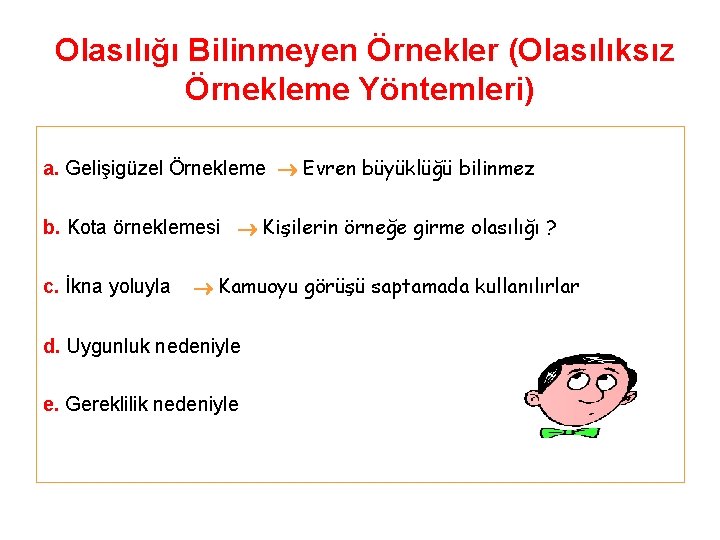 Olasılığı Bilinmeyen Örnekler (Olasılıksız Örnekleme Yöntemleri) a. Gelişigüzel Örnekleme Evren büyüklüğü bilinmez b. Kota