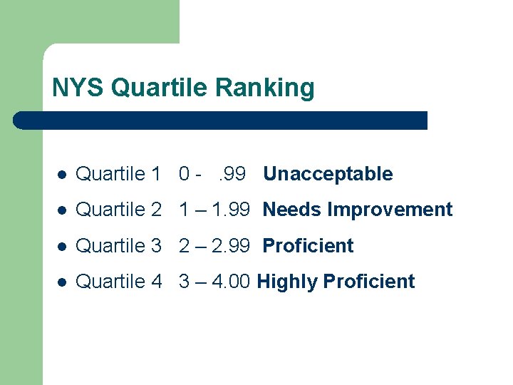 NYS Quartile Ranking l Quartile 1 0 -. 99 Unacceptable l Quartile 2 1