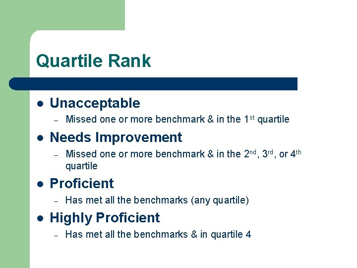 Quartile Rank l Unacceptable – l Needs Improvement – l Missed one or more