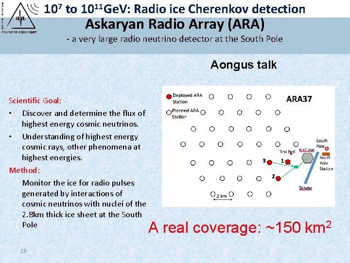 107 to 1011 Ge. V: Radio ice Cherenkov detection Askaryan Radio Array (ARA) -