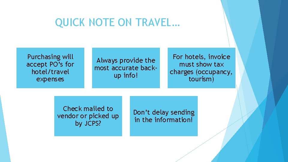 QUICK NOTE ON TRAVEL… Purchasing will accept PO’s for hotel/travel expenses Always provide the