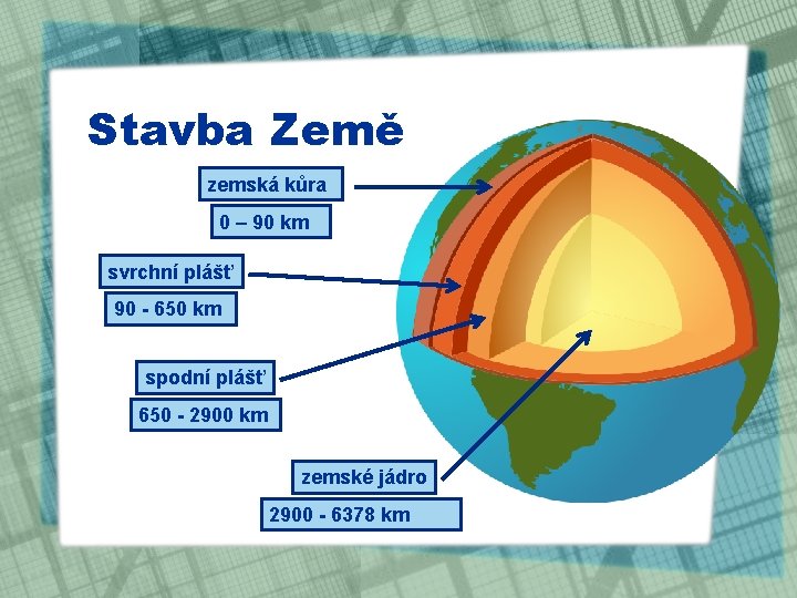 Stavba Země zemská kůra 0 – 90 km svrchní plášť 90 - 650 km