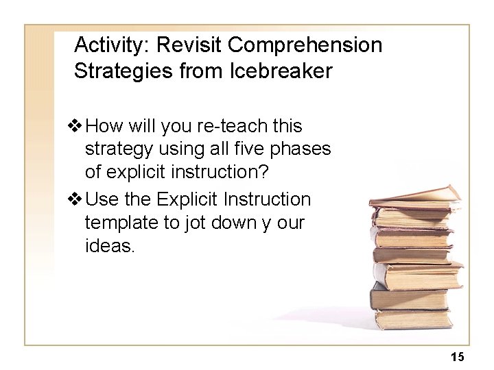 Activity: Revisit Comprehension Strategies from Icebreaker v How will you re-teach this strategy using